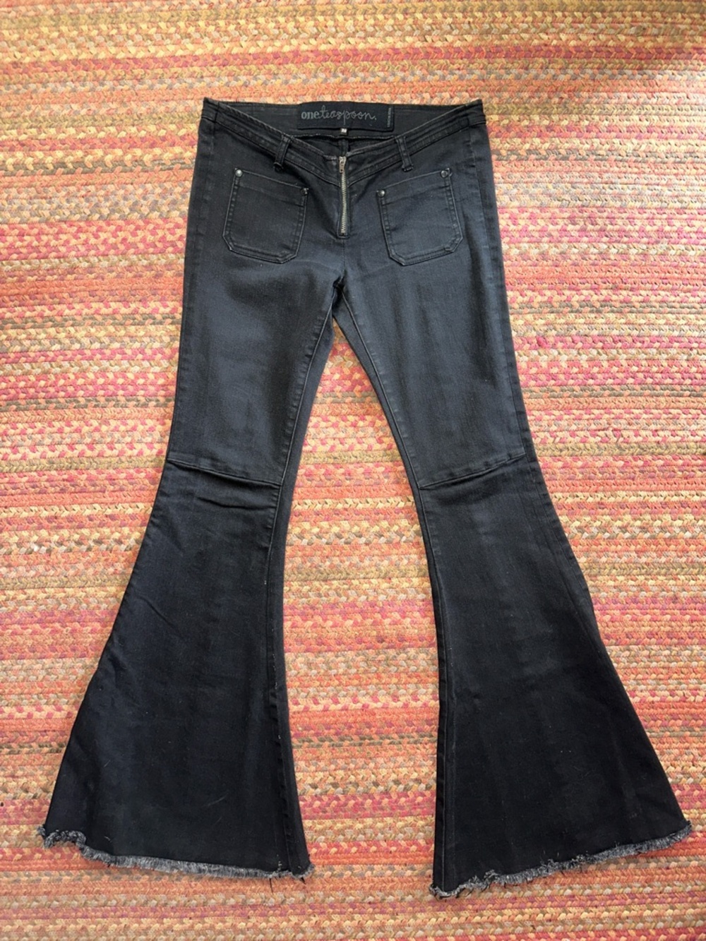 ONE TEASPOON BLACK LOW RISE FRONT ZIP EXTREME FLARE BELL BOTTOM JEANS